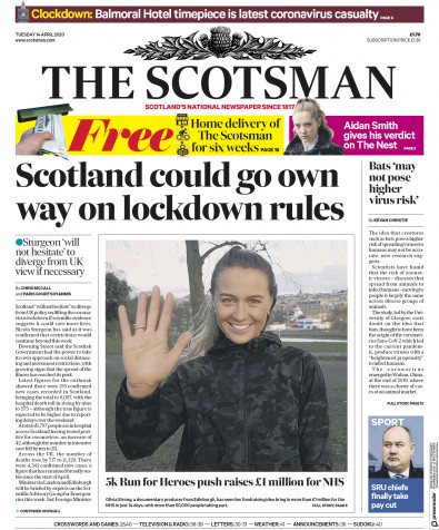 The Scotsman Newspaper Front Page for 14 April 2020