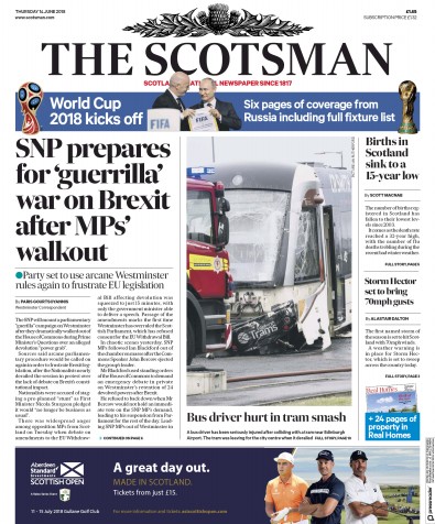 The Scotsman Newspaper Front Page for 14 June 2018