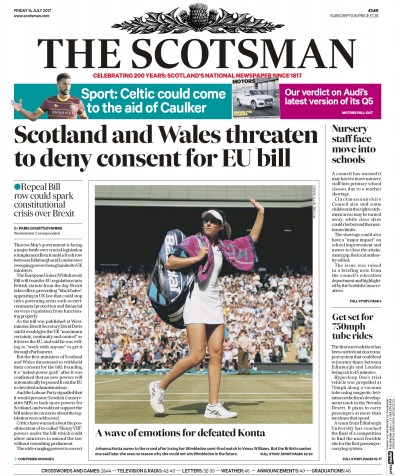 The Scotsman (UK) Newspaper Front Page for 14 July 2017
