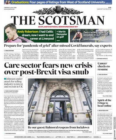The Scotsman Newspaper Front Page for 14 July 2020