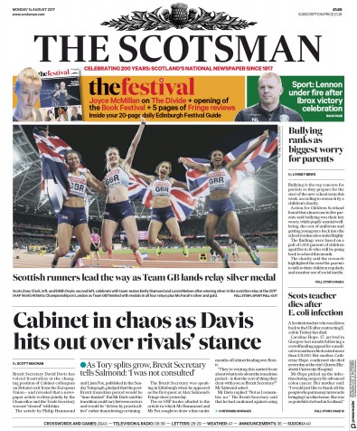 The Scotsman (UK) Newspaper Front Page for 14 August 2017