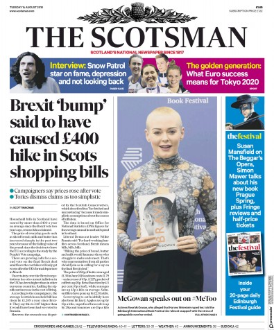 The Scotsman Newspaper Front Page for 14 August 2018