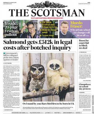 The Scotsman Newspaper Front Page for 14 August 2019