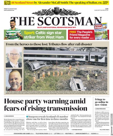 The Scotsman Newspaper Front Page for 14 August 2020