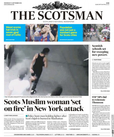 The Scotsman Newspaper Front Page for 14 September 2016