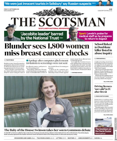 The Scotsman Newspaper Front Page for 14 September 2018