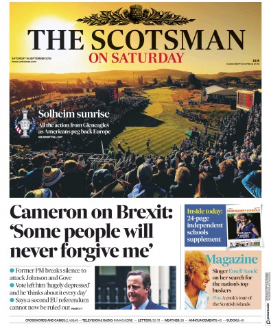The Scotsman Newspaper Front Page for 14 September 2019