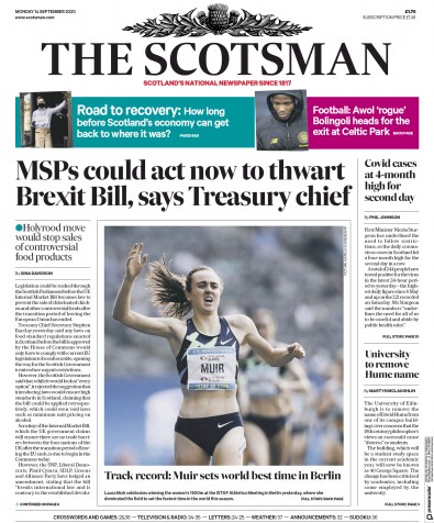 The Scotsman Newspaper Front Page for 14 September 2020