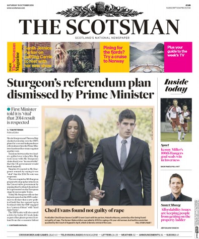 The Scotsman Newspaper Front Page for 15 October 2016