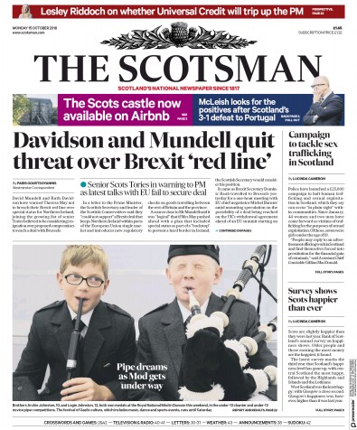 The Scotsman Newspaper Front Page for 15 October 2018