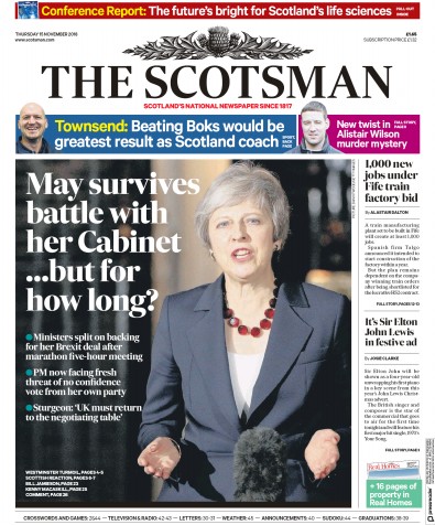 The Scotsman Newspaper Front Page for 15 November 2018