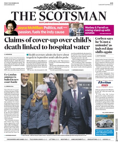 The Scotsman Newspaper Front Page for 15 November 2019