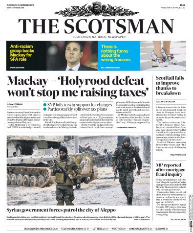 The Scotsman Newspaper Front Page for 15 December 2016