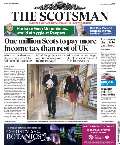 The Scotsman Newspaper Front Page for 15 December 2017