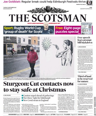 The Scotsman Newspaper Front Page for 15 December 2020