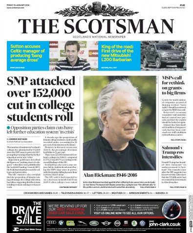 The Scotsman Newspaper Front Page for 15 January 2016