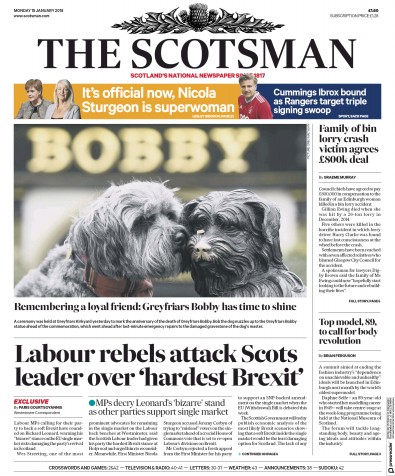 The Scotsman Newspaper Front Page for 15 January 2018