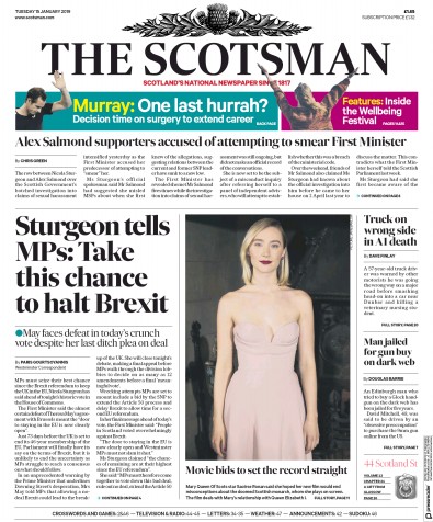 The Scotsman Newspaper Front Page for 15 January 2019
