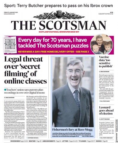 The Scotsman (UK) Newspaper Front Page for 15 January 2021