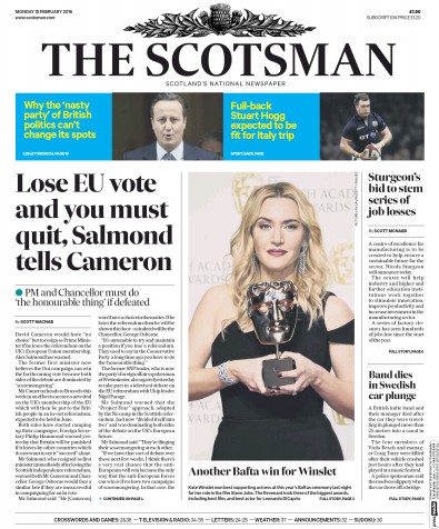 The Scotsman Newspaper Front Page for 15 February 2016