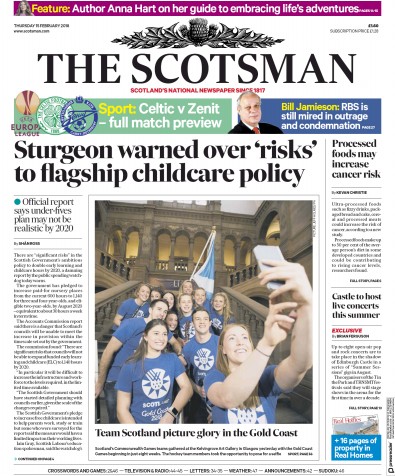 The Scotsman Newspaper Front Page for 15 February 2018
