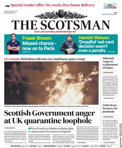 The Scotsman Newspaper Front Page for 15 February 2021