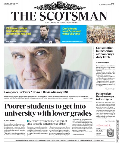The Scotsman Newspaper Front Page for 15 March 2016
