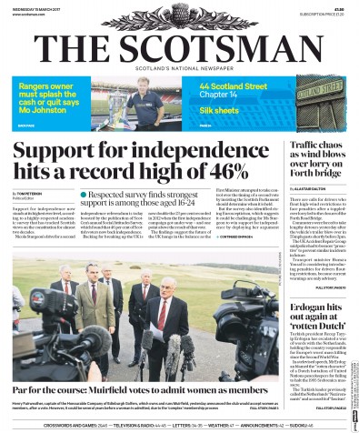 The Scotsman Newspaper Front Page for 15 March 2017