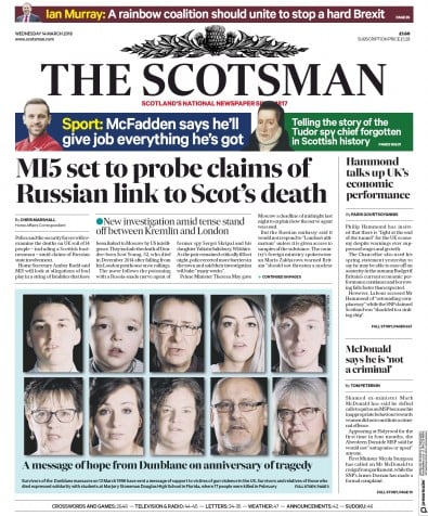 The Scotsman Newspaper Front Page for 15 March 2018