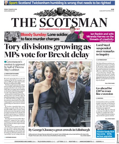 The Scotsman Newspaper Front Page for 15 March 2019