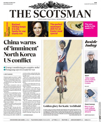 The Scotsman Newspaper Front Page for 15 April 2017