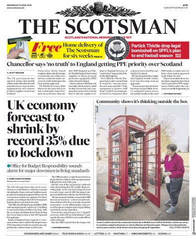 The Scotsman Newspaper Front Page for 15 April 2020