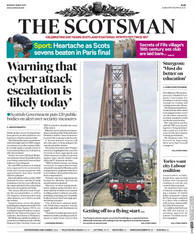 The Scotsman Newspaper Front Page for 15 May 2017