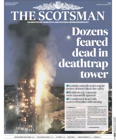 The Scotsman (UK) Newspaper Front Page for 15 June 2017