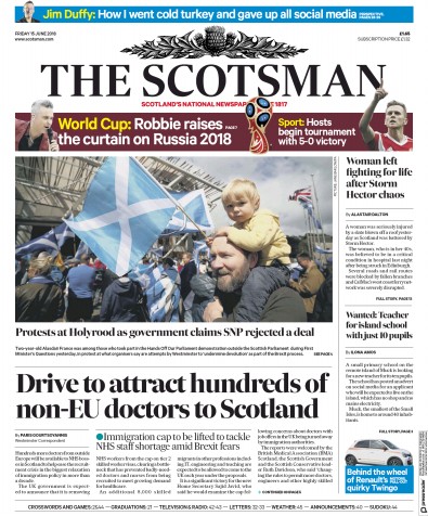 The Scotsman Newspaper Front Page for 15 June 2018