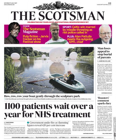 The Scotsman Newspaper Front Page for 15 July 2017