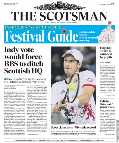 The Scotsman Newspaper Front Page for 15 August 2016