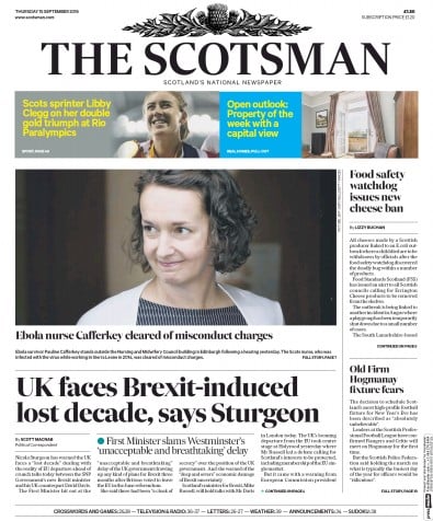 The Scotsman Newspaper Front Page for 15 September 2016