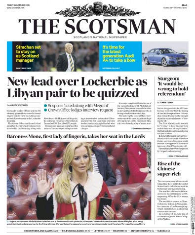 The Scotsman Newspaper Front Page for 16 October 2015