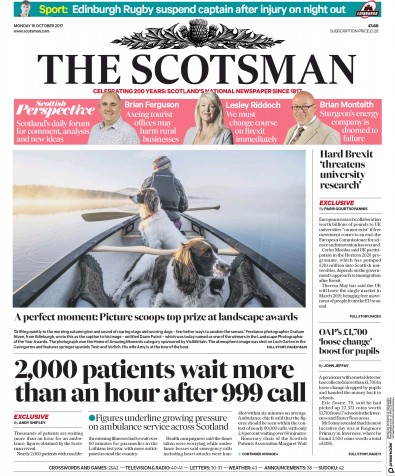 The Scotsman Newspaper Front Page for 16 October 2017