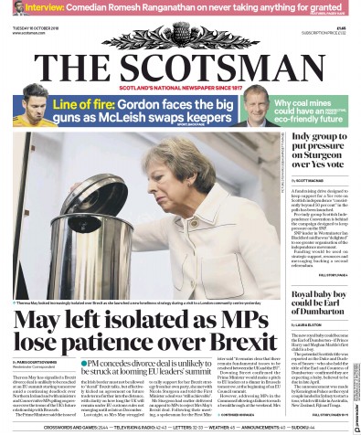 The Scotsman Newspaper Front Page for 16 October 2018