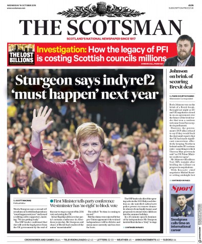 The Scotsman Newspaper Front Page for 16 October 2019
