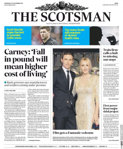 The Scotsman (UK) Newspaper Front Page for 16 November 2016