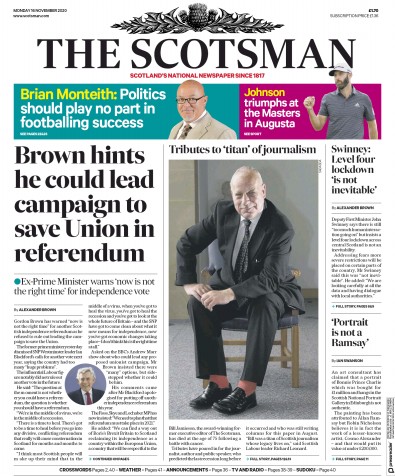 The Scotsman Newspaper Front Page for 16 November 2020