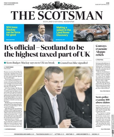 The Scotsman Newspaper Front Page for 16 December 2016