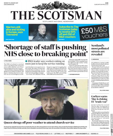 The Scotsman Newspaper Front Page for 16 January 2017