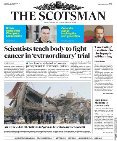 The Scotsman Newspaper Front Page for 16 February 2016
