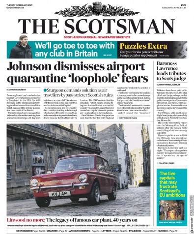 The Scotsman (UK) Newspaper Front Page for 16 February 2021