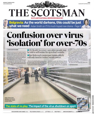 The Scotsman (UK) Newspaper Front Page for 16 March 2020