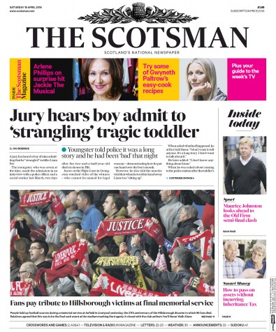 The Scotsman Newspaper Front Page for 16 April 2016